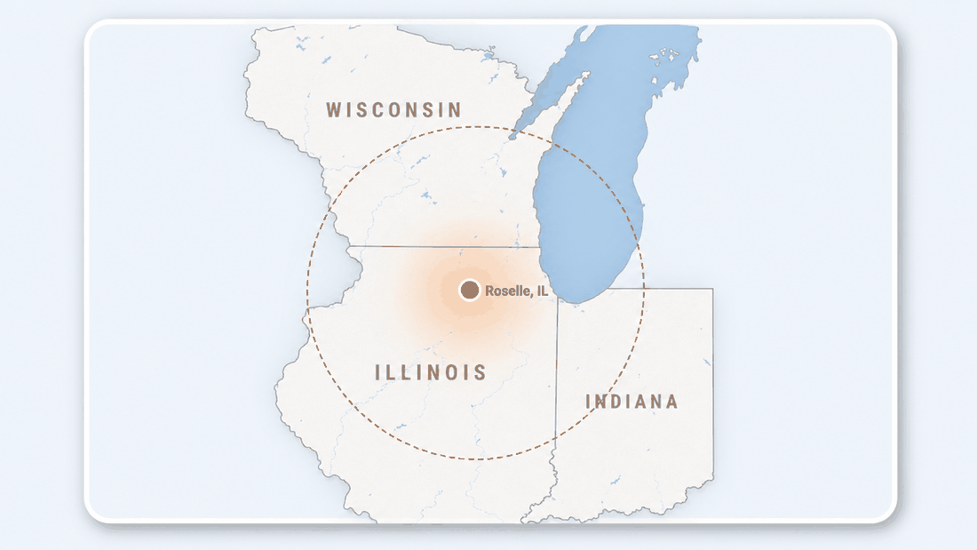 Service area map showing Roselle, IL headquarters with coverage across Illinois, Wisconsin, and Indiana around Lake Michigan